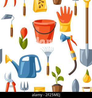 Seamless pattern with garden tools and equipment. Stock Vector