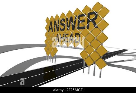 A 3D rendering of Giant yellow road signs with answer ahead word Stock Photo