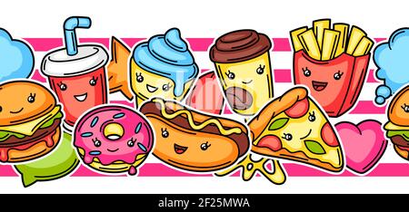 Seamless pattern with cute kawaii fast food meal. Stock Vector