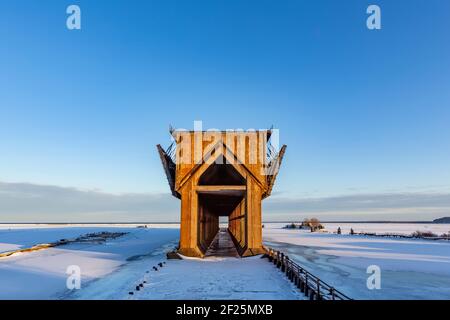 Lower Harbor Ore Dock, abandoned in 1971, in February in Marquette, Michigan, USA Stock Photo