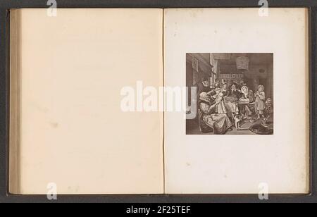 Photo production of a print to a painting, representing an interior with a family at the table .. Stock Photo