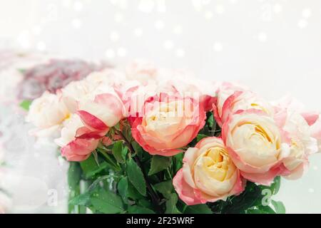 Two-tone romantic roses. Floral background with soft focus. A bouquet of roses on the counter in a flower shop. copy space. Stock Photo