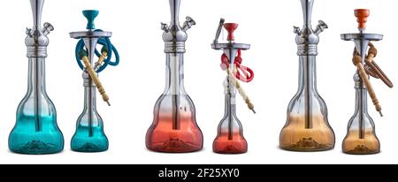 Colorfull sets of isolated hookah or water pipes on white background Stock Photo