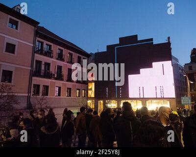 Madrid, Spain. 24th February, 2021. People gathering at Medialab-Prado building protesting against it's dismantlement by Madrid's city hall. © Valentin Sama-Rojo/Alamy Live News. Stock Photo