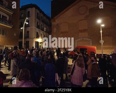 Madrid, Spain. 24th February, 2021. People gather to listen the manifesto against the dismantlement of MediaLab-Prado by Madrid's city hall. © Valentin Sama-Rojo/Alamy Live News. Stock Photo