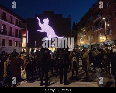 Madrid, Spain. 24th February, 2021. People gather to listen the manifesto against the dismantlement of MediaLab-Prado by Madrid's city hall. © Valentin Sama-Rojo/Alamy Live News. Stock Photo
