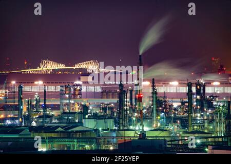 Keihin region and the Tokyo Gate Bridge as seen from Kawasaki Marien Stock Photo