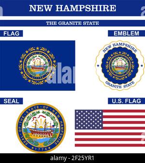 New Hampshire Symbol collection with flag, seal, US flag and emblem as vector. The Granite State, The White Mountain State. Stock Vector