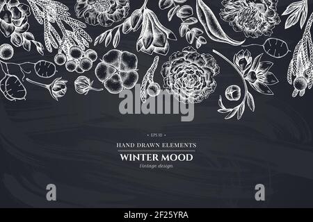 Floral design with chalk ficus, eucalyptus, peony, cotton, freesia, brunia Stock Vector