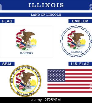 Illinois Symbol collection with flag, seal, US flag and emblem as vector. Land of Lincoln. Stock Vector