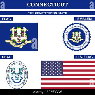 Connecticut Symbol collection with flag, seal, US flag and emblem as vector. The Constitution State. Detailed vector illustration. Stock Vector