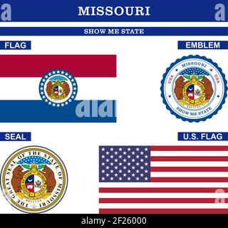 Missouri Symbol collection with flag, seal, US flag and emblem as vector. Show Me State. Detailed vector illustration. Stock Vector