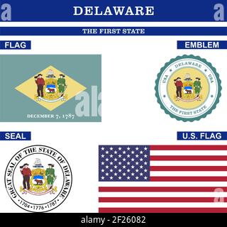 Delaware Symbol collection with flag, seal, US flag and emblem as vector. The First State. Detailed vector illustration. Stock Vector