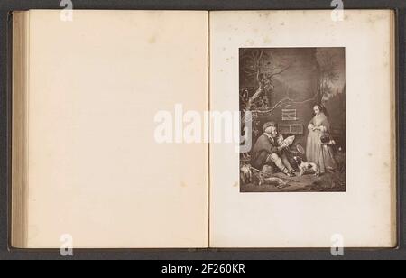 Photo production of a print to a painting, representing an old man sells birds .. Stock Photo