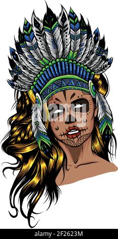 Beautiful girl in a headdress of North American Indians. Stock Vector