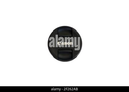Grodno, Belarus - 01.22.2021: Canon SLR Camera Lens Cap Stock Photo