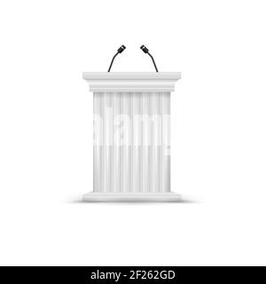 Antique column pulpit. White podium tribune with microphones. Blank rostrum stand. 3D illustration isolated on white. Stock Photo