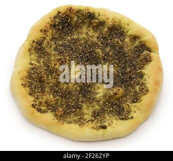 homemade zaatar manakeesh,  traditional lebanese herb-spiced pita bread Stock Photo
