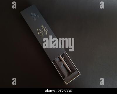 Grodno, Belarus-11.08.2020: Parker Ballpoint pen on a black isolated background. Parker pen in a box top view Stock Photo