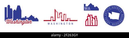 Washington real estate agency. US realty emblem icon set. Flat illustration. American flag colors. Big city and suburbs. Simple silhouette map in the Stock Photo