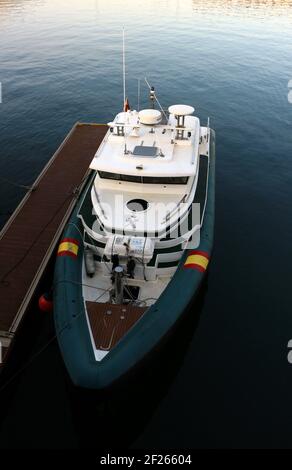 Moored Guardia Civil boat on a calm morning in the Maliano Dock Santander Cantabria Spain Stock Photo