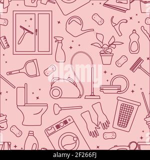 Vector Seamless pattern Illustration Cleaning Maid service Housekeeping Ironing Washing window Laundry Watering plant Mop Clean lavatory Professional Stock Vector