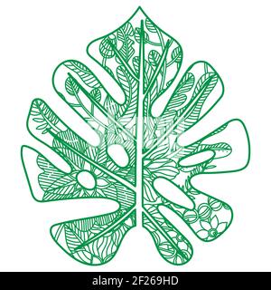 Silhouette monstera leaf of with doodle abstract flowers and leaves. Vector illustration, zentangle concept. Stock Vector