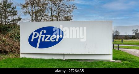 Signage outside the Pfizer, Grange Castle complex in West Dublin Ireland.  it is one of the largest integrated biotechnology plants in the world. Stock Photo