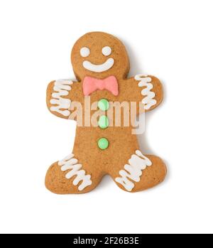 Baked gingerbread man shaped with smile isolated on white background Stock Photo