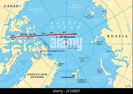 Movement of North Magnetic Pole, political map. Magnetic North pole of Earth moves over time, according to magnetic changes in outer core. Stock Photo