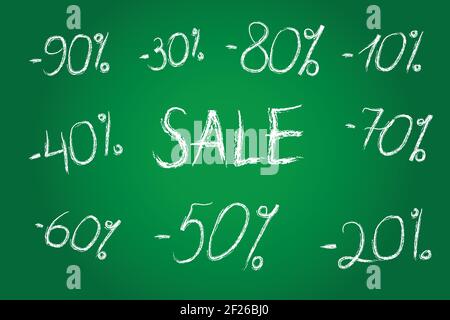 Back To School big sale. Discount prices vector illustration. Set of white chalk numbers, seasonal trading, discount labels. 10th, 20th, 30th, 40th, 5 Stock Vector