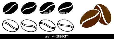Set of simple coffee bean icons - slight variations, filled and outline version Stock Vector