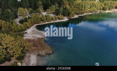 Lake Doxa aerial drone view, Autumn in the mountainous Corinth, Peloponnese, Greece Stock Photo