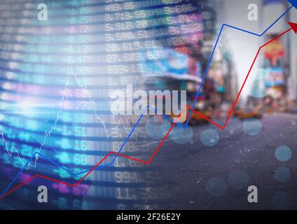 Blue and red graphs over stock market data processing against city traffic Stock Photo