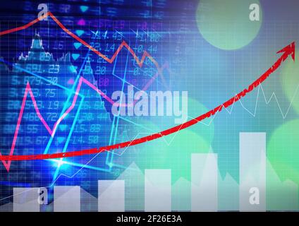 Red graphs over stock market data processing against green spots of light Stock Photo