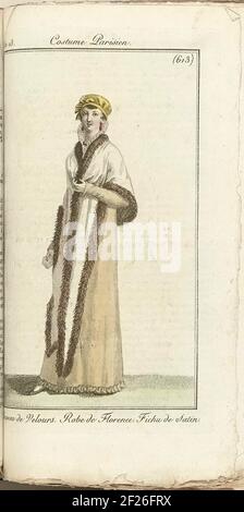 Ladies and modes newspaper, Parisian costume, 1805, year 13 (613) Velvet hat .... seen from The Front, Dressed in a 'Florence' dress' with a fiche of satin. On The Head at Velvet Hat. Necklace and Earrings. The Print Is Part Of The Fashion Magazine Laden Journal and Moldes, Published By Pierre de la Mesanger, Paris, 1797-1839. Stock Photo