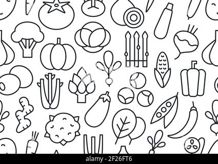 Vector seamless pattern, endless texture with vegetables. Set of isolated linear icons. Contour, shape, outline. Healthy food and vitamins Stock Vector