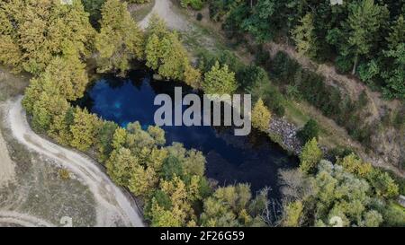 Lake Doxa aerial drone view, Autumn dam lake, in the mountainous Corinth,Peloponnese,Greece Stock Photo