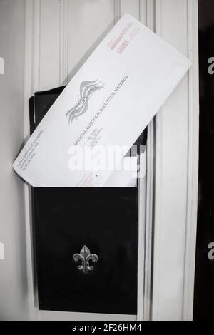2020 10 02 Tulsa USA Mail-in ballot delivered in home mailbox Stock Photo