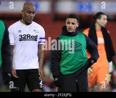 Derby County's Andre Wisdom (left) and Tyree Wilson after the Sky Bet Championship match at Oakwell, Barnsley. Picture date: Wednesday March 10, 2021. Stock Photo