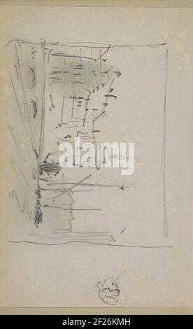 Gezicht op gebouwen langs een gracht.View of buildings along a canal with a bow bridge. Right possible masts of sailing ships. Extremely right possible a study of a head. Leaf 34 Verso from a sketchbook with 58 sheets. Stock Photo