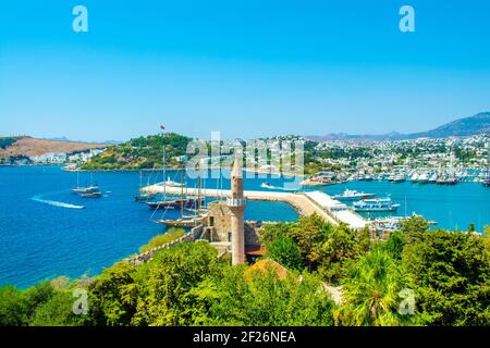 Bodrum, Turkey - 6 September 2017: Wooden traditional boats, powerboats, luxury yacht and sail yacht in Bodrum marina Stock Photo