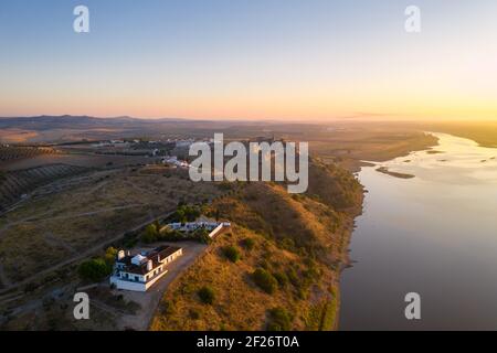 Juromenha castle, village and Guadiana river drone aerial view at sunrise in Alentejo, Portugal Stock Photo