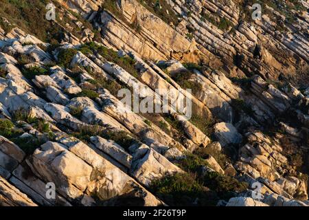 Beautiful schist cliff details in Baleal island at sunset in Peniche, Portugal Stock Photo