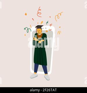 Guy graduate in a mantle and a cap on the background of the contour of a smartphone. Isolated vector illustration graduation virtual 2021. Stock Vector