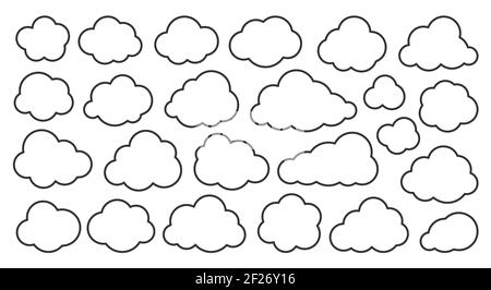 Cloud thin line icons set. Outline vector sign. Linear symbol of weather or database, network, internet storage. Logo design template. Overcast, cleen cloudy sky graphic element collection Stock Vector
