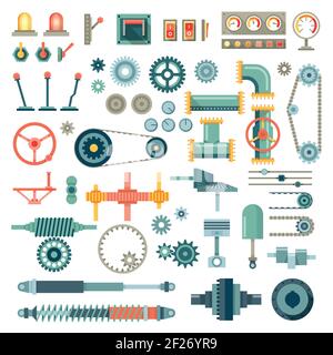 Parts of machinery flat icons set. Gear mechanical, equipment part, industry technical engine mechanic, vector illustration Stock Vector