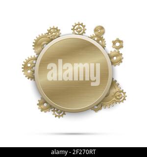 Round banner with gears. Mechanism engineering with cogwheel, equipment machinery. Steampunk vector illustration Stock Vector