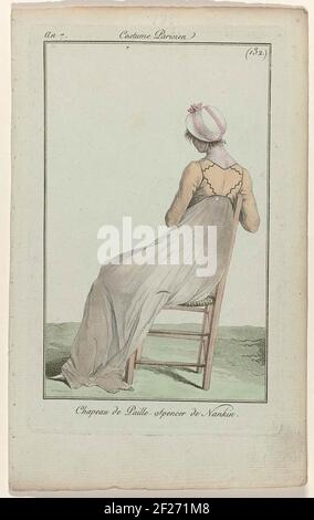 Ladies and modes newspaper, Parisian costume, 1799, year 7 (132): Paill hat (...).Straw hat. Spencer of 'Nankin' decorated with black zig-saw lines on a long skirt. Shoe with pointed nose. The print is part of the fashion magazine Journal des Laden et DES Moldes, published by Pierre de la Mésangère, Paris, 1797-1839. Stock Photo