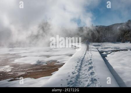 Healthy, active senior snowshoeing through the mist from a geyser on a sunny winter day in Yellowstone National Park, Wyoming. Winter snow landscape. Stock Photo